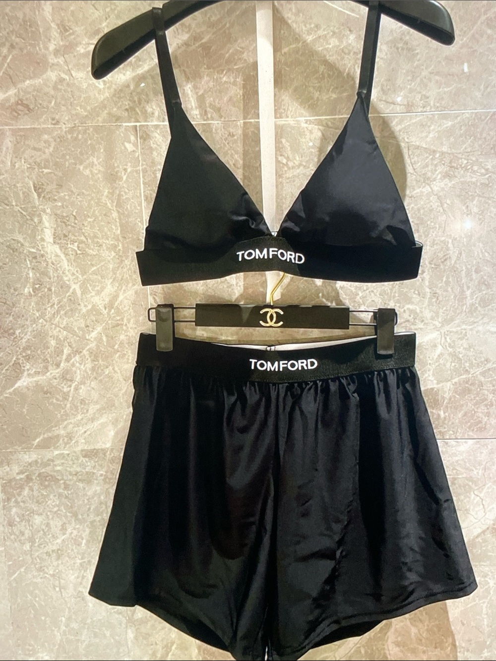Tom Ford Black Satin Camisole Bralette and Shorts Set